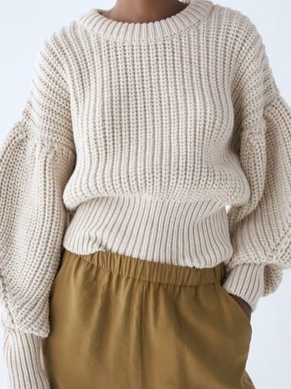 Zara Cream Ribbed Crewneck Sweater with Balloon Sleeves